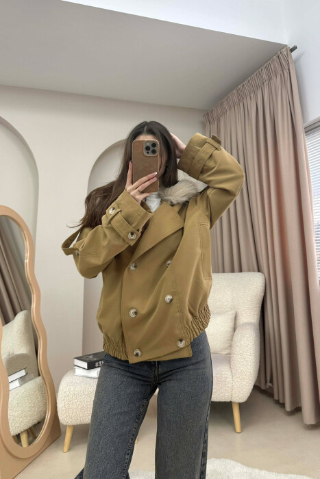 BUTTONS DETAIL FLUFFY NECK SHORT WOMEN JACKET LIGHT BROWN/KAZB - 1