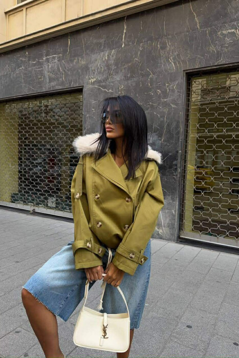 BUTTONS DETAIL FLUFFY NECK SHORT WOMEN JACKET OLIVE/ULLI - KLAUDIO FASHION