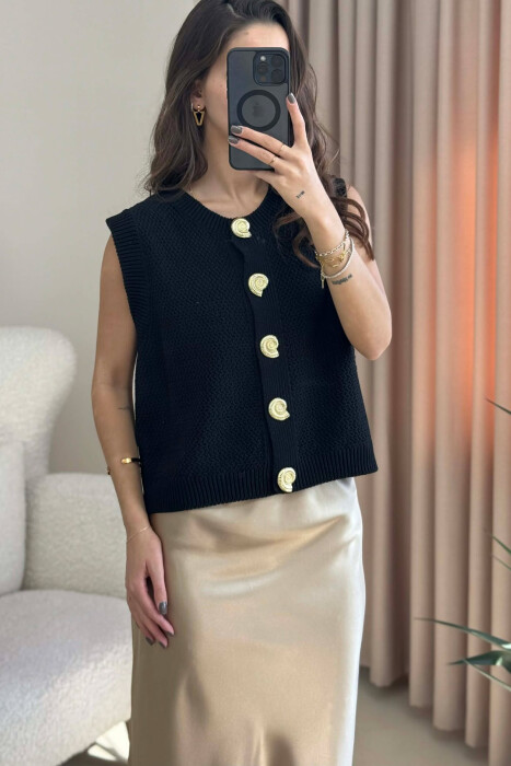 BUTTONS DETAIL KNIT SIMPLE WOMEN VEST BLACK/ E ZEZE - 4