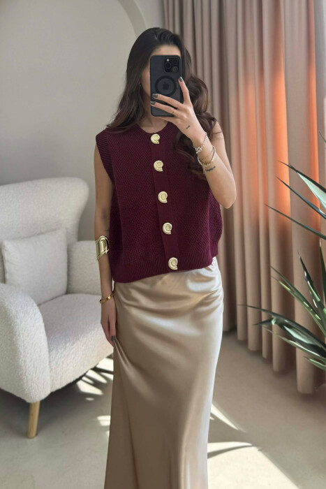 BUTTONS DETAIL KNIT SIMPLE WOMEN VEST BURGUNDY/VISHNJE - 4