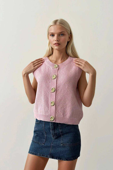 BUTTONS DETAIL KNIT SIMPLE WOMEN VEST PINK/ROZE - KLAUDIO FASHION