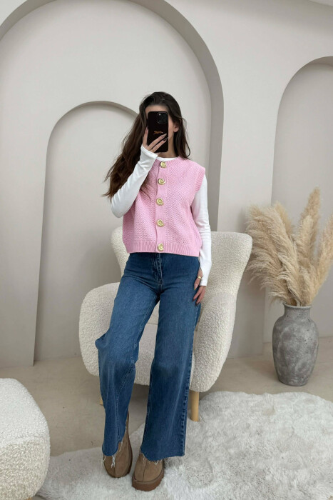 BUTTONS DETAIL KNIT SIMPLE WOMEN VEST PINK/ROZE - 1