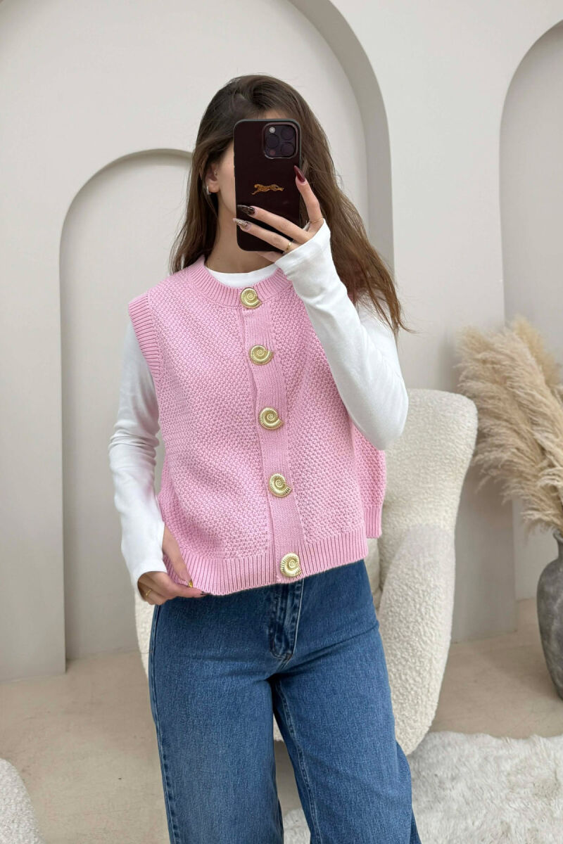 BUTTONS DETAIL KNIT SIMPLE WOMEN VEST PINK/ROZE - 2