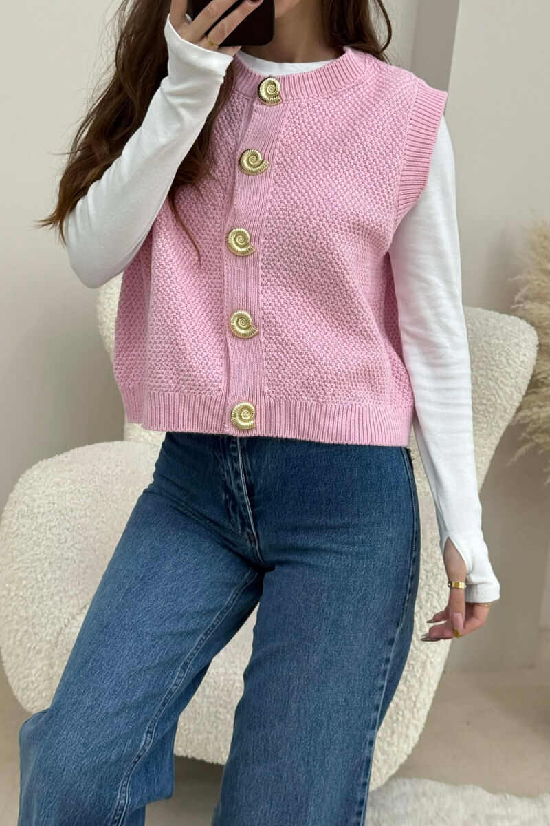 BUTTONS DETAIL KNIT SIMPLE WOMEN VEST PINK/ROZE - 3