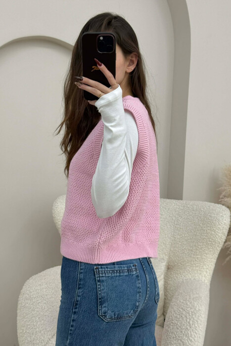 BUTTONS DETAIL KNIT SIMPLE WOMEN VEST PINK/ROZE - 4