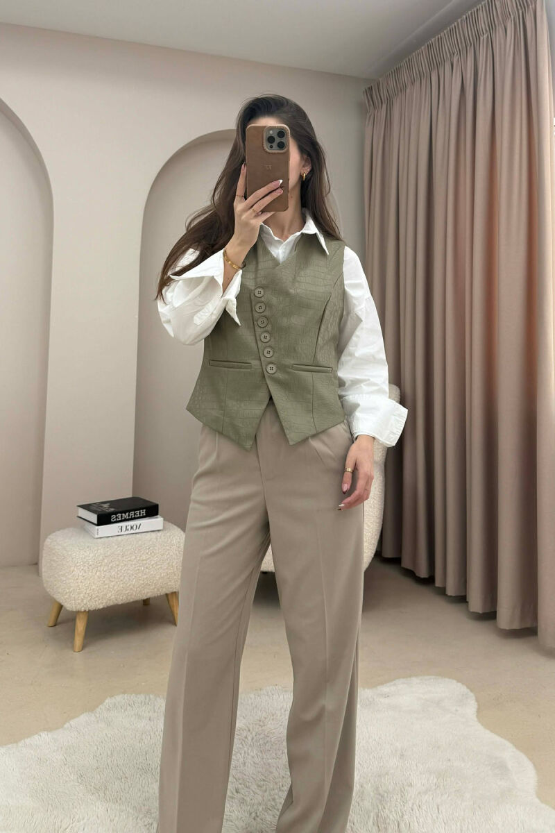 BUTTONS DETAIL LEATHER WOMEN VEST OLIVE/ULLI - 4