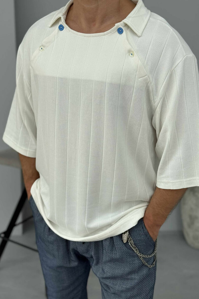 BUTTONS DETAIL ONE COLOR MEN T-SHIRT CREAM/KREM - 5