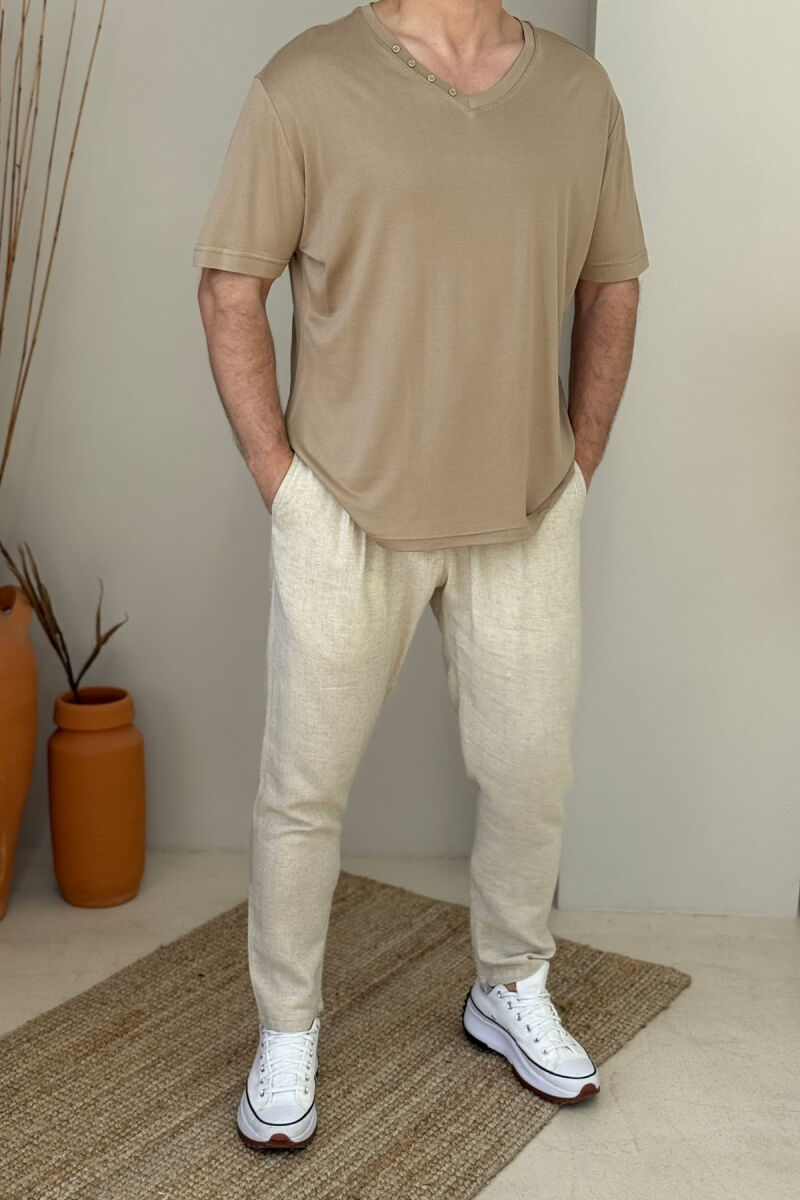BUTTONS DETAIL ONE COLOR MEN T-SHIRT LIGHT BROWN/KAZB - 1