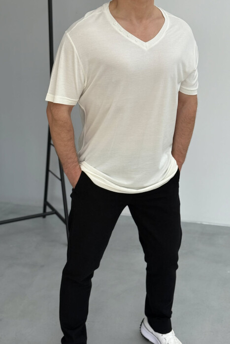 BUTTONS DETAIL ONE COLOR MEN T-SHIRT WHITE-E BARDHE - 2