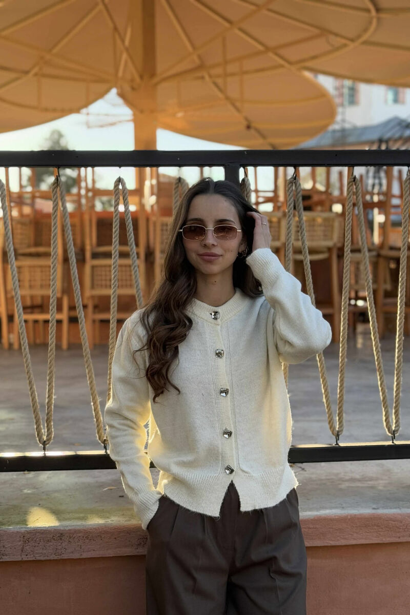 BUTTONS DETAIL ONE COLOR WOMEN CARDIGAN CREAM/KREM - 1