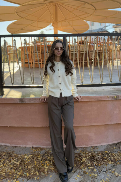 BUTTONS DETAIL ONE COLOR WOMEN CARDIGAN CREAM/KREM - 2