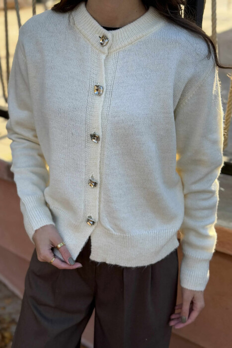 BUTTONS DETAIL ONE COLOR WOMEN CARDIGAN CREAM/KREM - 3