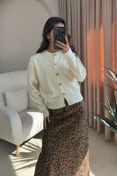 BUTTONS DETAIL ONE COLOR WOMEN CARDIGAN CREAM/KREM - 7