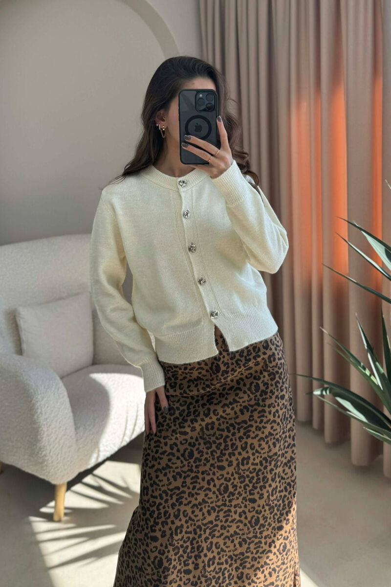 BUTTONS DETAIL ONE COLOR WOMEN CARDIGAN CREAM/KREM - 7