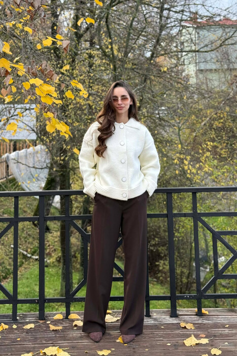 BUTTONS DETAIL ONE COLOR WOMEN CARDIGAN CREAM/KREM - 2