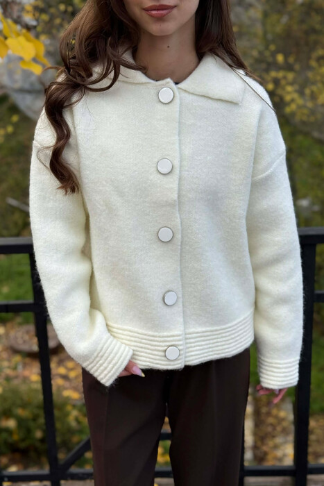 BUTTONS DETAIL ONE COLOR WOMEN CARDIGAN CREAM/KREM - 3