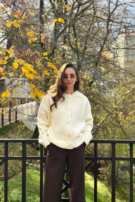 BUTTONS DETAIL ONE COLOR WOMEN CARDIGAN CREAM/KREM - 5