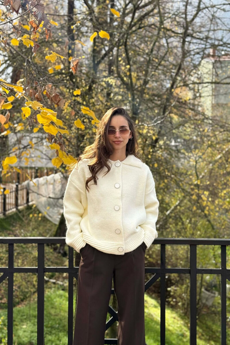 BUTTONS DETAIL ONE COLOR WOMEN CARDIGAN CREAM/KREM - 5