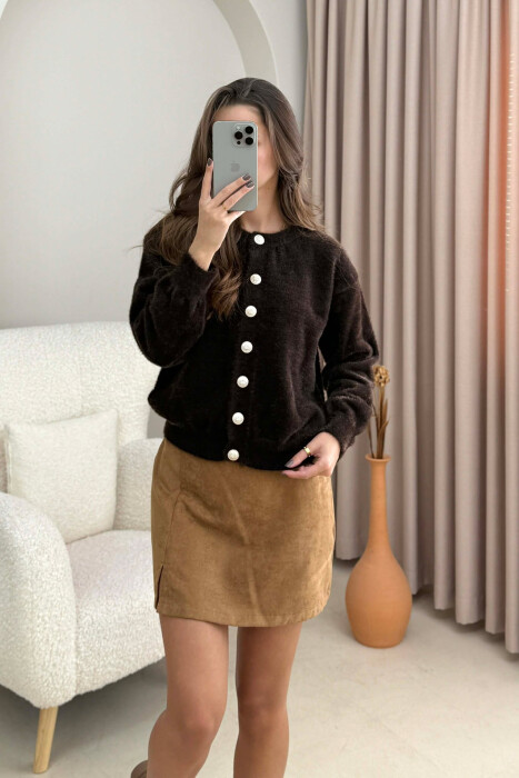 BUTTONS DETAIL ONE COLOR WOMEN CARDIGAN DARK BROWN/KAE - 2