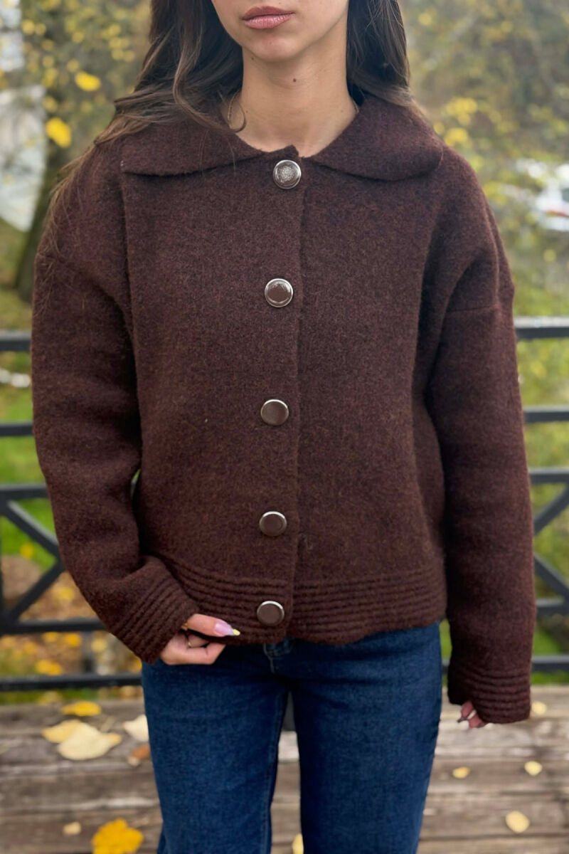 BUTTONS DETAIL ONE COLOR WOMEN CARDIGAN DARK BROWN/KAE - 2
