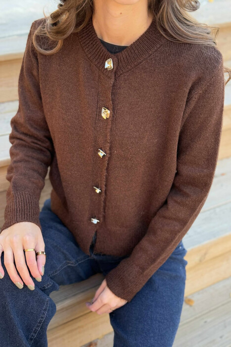 BUTTONS DETAIL ONE COLOR WOMEN CARDIGAN DARK BROWN/KAE - 2