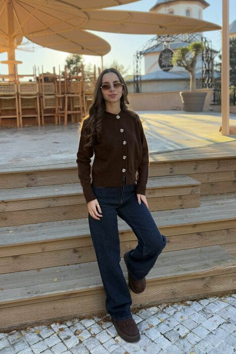 BUTTONS DETAIL ONE COLOR WOMEN CARDIGAN DARK BROWN/KAE - 3