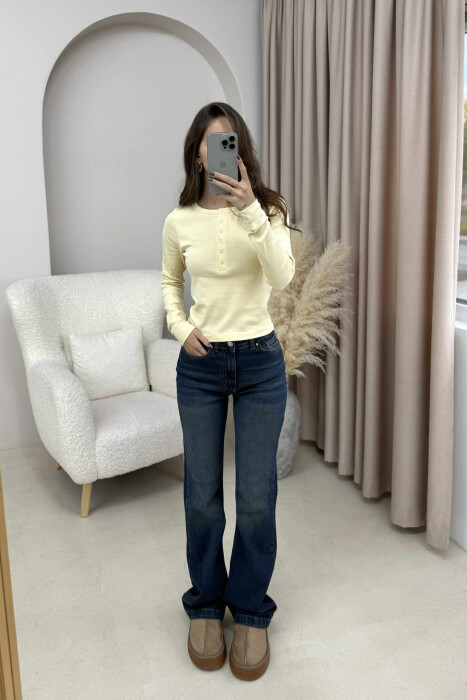 BUTTONS DETAIL ONE COLOR WOMEN SWEATSHIRT YELLOW/E VERDHE - KLAUDIO FASHION