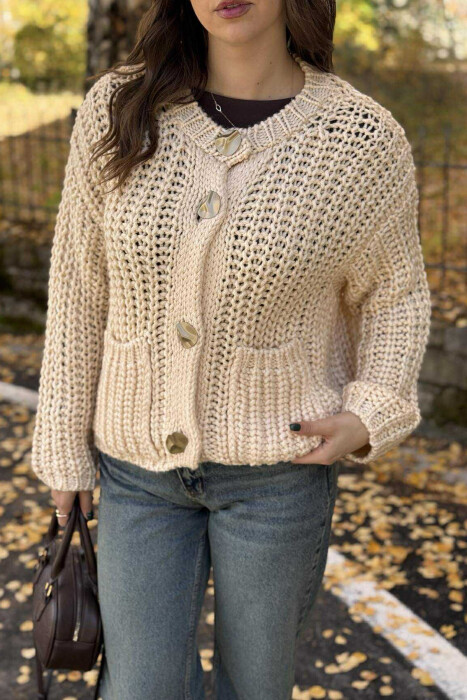 BUTTONS DETAIL SIMPLE KNIT WOMEN CARDIGAN BEIGE/BEZHE - 5