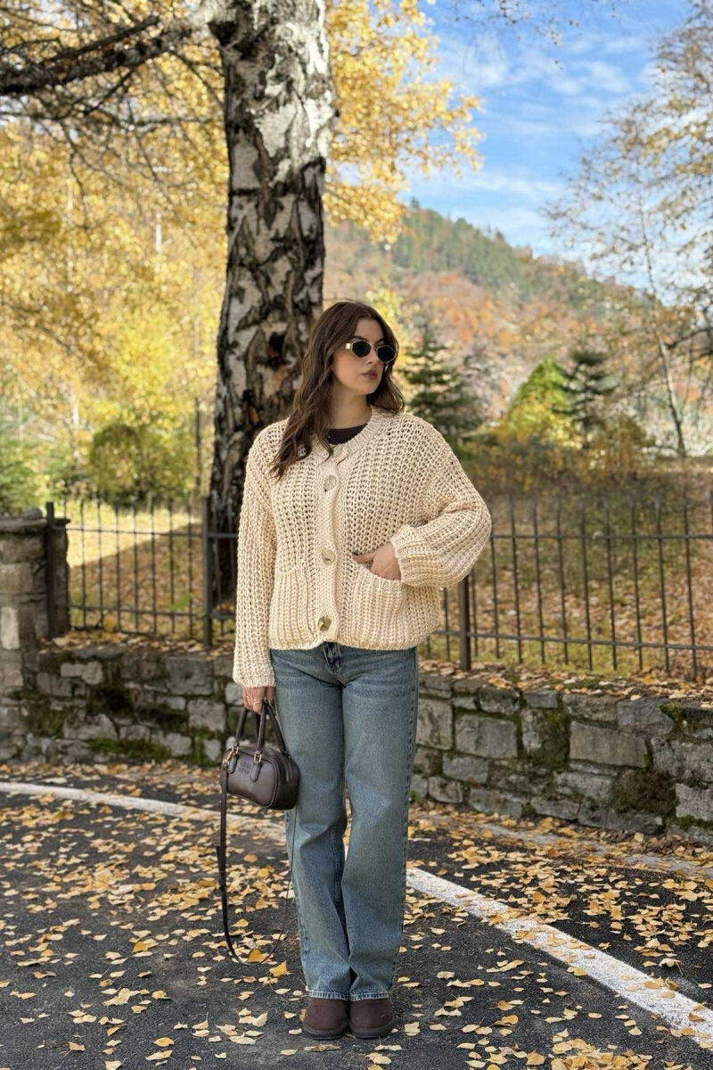 BUTTONS DETAIL SIMPLE KNIT WOMEN CARDIGAN BEIGE/BEZHE - 2