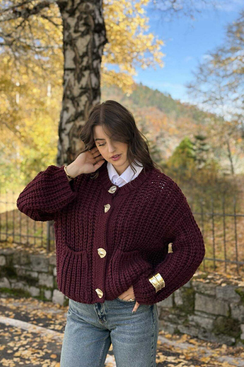 BUTTONS DETAIL SIMPLE KNIT WOMEN CARDIGAN BURGUNDY/VISHNJE - 3