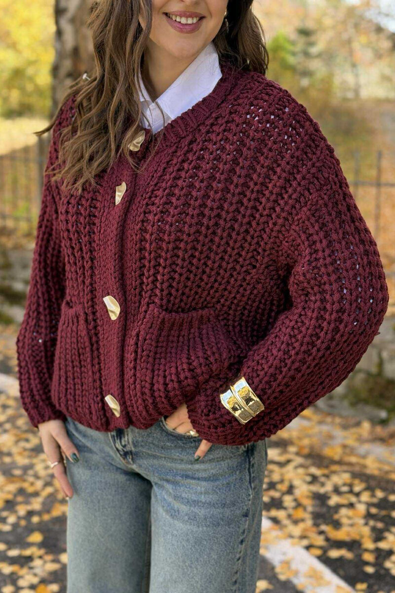 BUTTONS DETAIL SIMPLE KNIT WOMEN CARDIGAN BURGUNDY/VISHNJE - 5