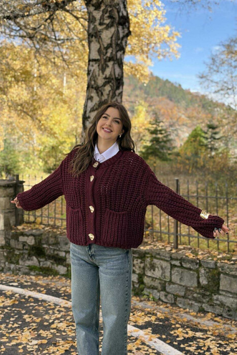 BUTTONS DETAIL SIMPLE KNIT WOMEN CARDIGAN BURGUNDY/VISHNJE - 4