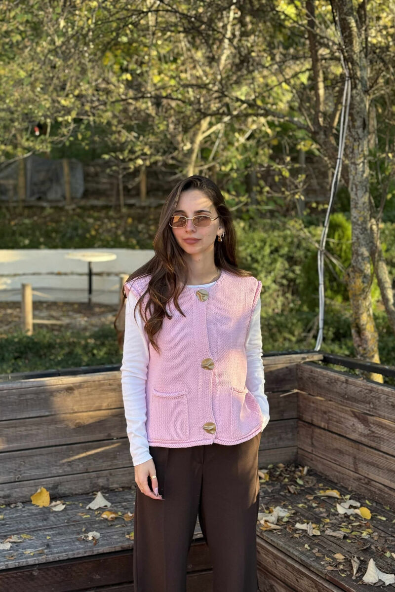 BUTTONS DETAIL SIMPLE KNIT WOMEN VEST BABY PINK/ROZB - 1