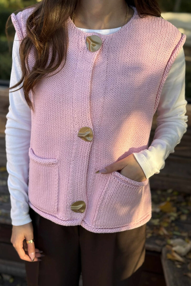BUTTONS DETAIL SIMPLE KNIT WOMEN VEST BABY PINK/ROZB - 2