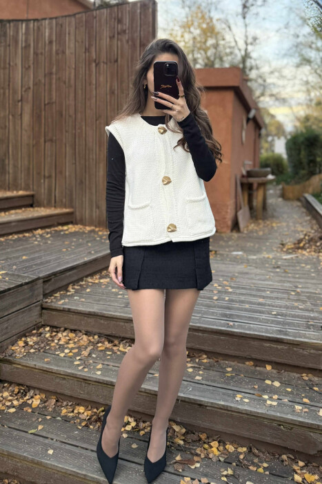 BUTTONS DETAIL SIMPLE KNIT WOMEN VEST CREAM/KREM - 1