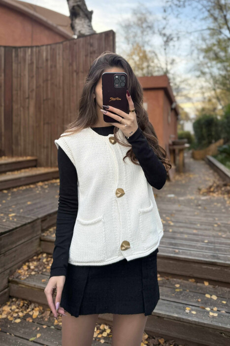 BUTTONS DETAIL SIMPLE KNIT WOMEN VEST CREAM/KREM - 4