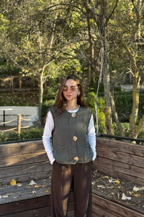 BUTTONS DETAIL SIMPLE KNIT WOMEN VEST DARK GREEN/JEE - 1