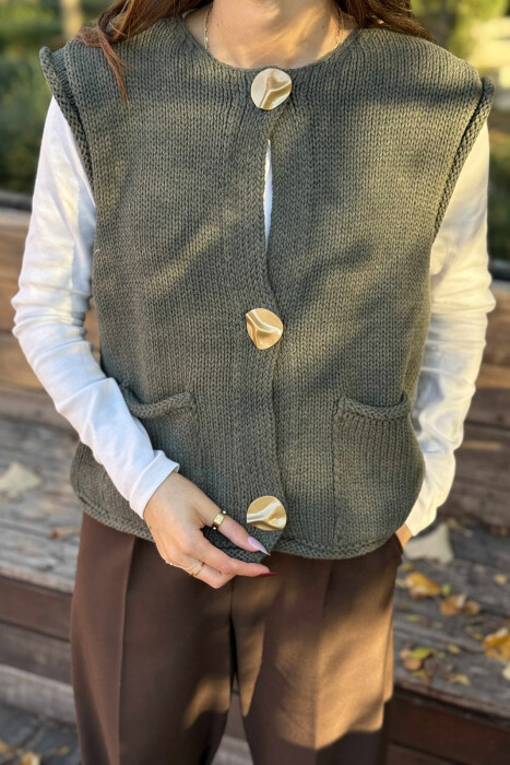 BUTTONS DETAIL SIMPLE KNIT WOMEN VEST DARK GREEN/JEE - 2