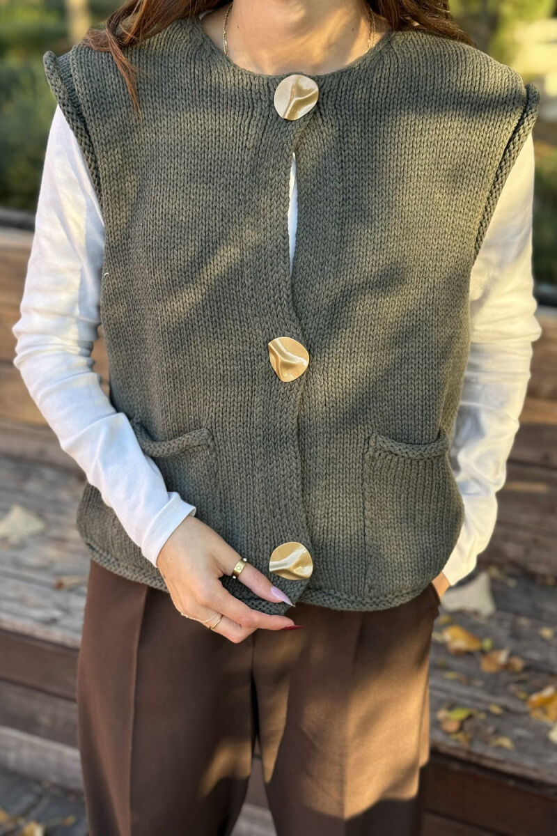 BUTTONS DETAIL SIMPLE KNIT WOMEN VEST DARK GREEN/JEE - 2
