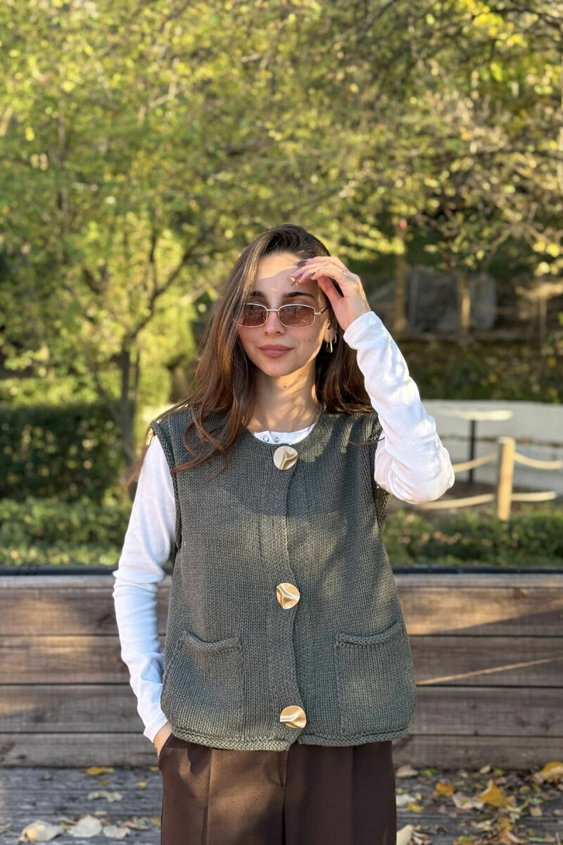 BUTTONS DETAIL SIMPLE KNIT WOMEN VEST DARK GREEN/JEE - 3