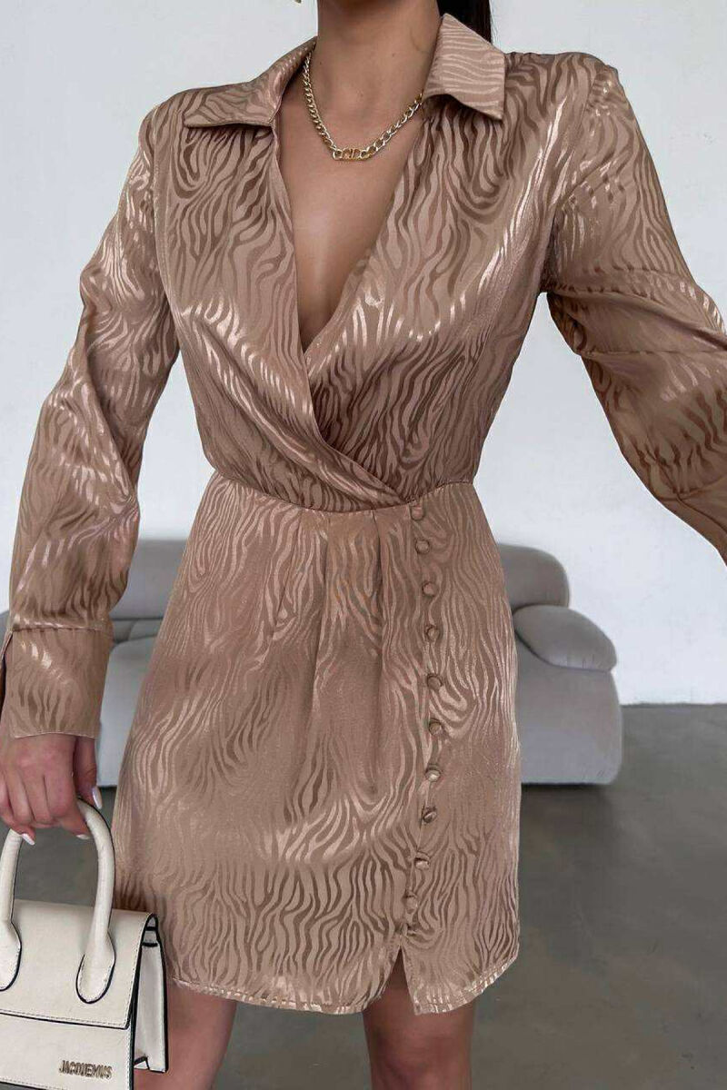 BUTTONS DETAIL V NECK WOMEN DRESS BEIGE/BEZHE - 3