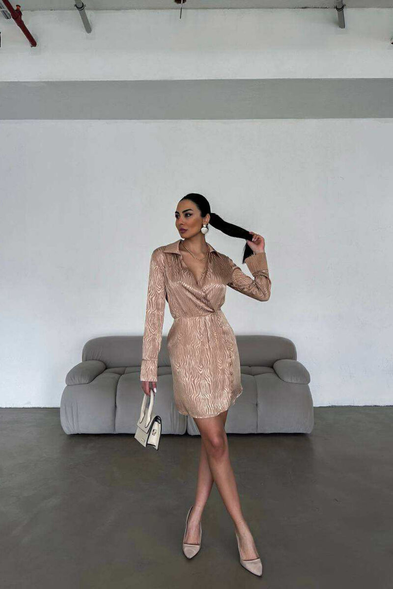 BUTTONS DETAIL V NECK WOMEN DRESS BEIGE/BEZHE - 1