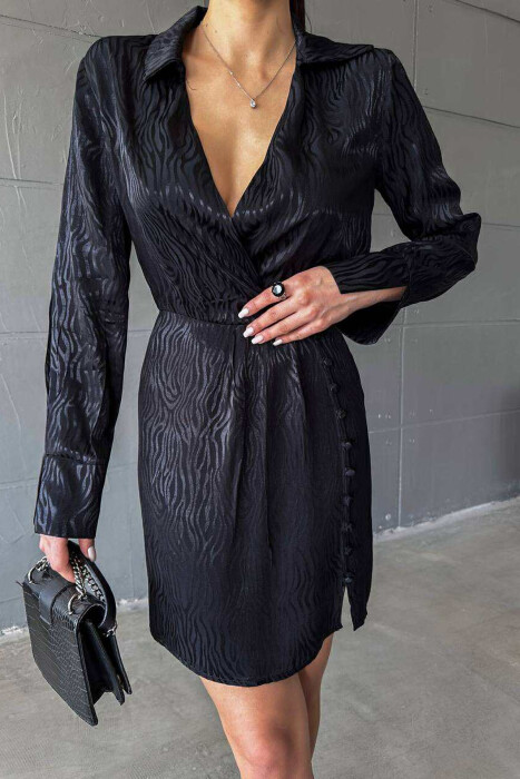 BUTTONS DETAIL V NECK WOMEN DRESS BLACK/ E ZEZE - 3