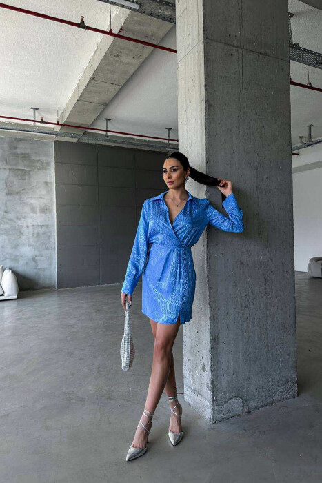BUTTONS DETAIL V NECK WOMEN DRESS BLUE/BLU 