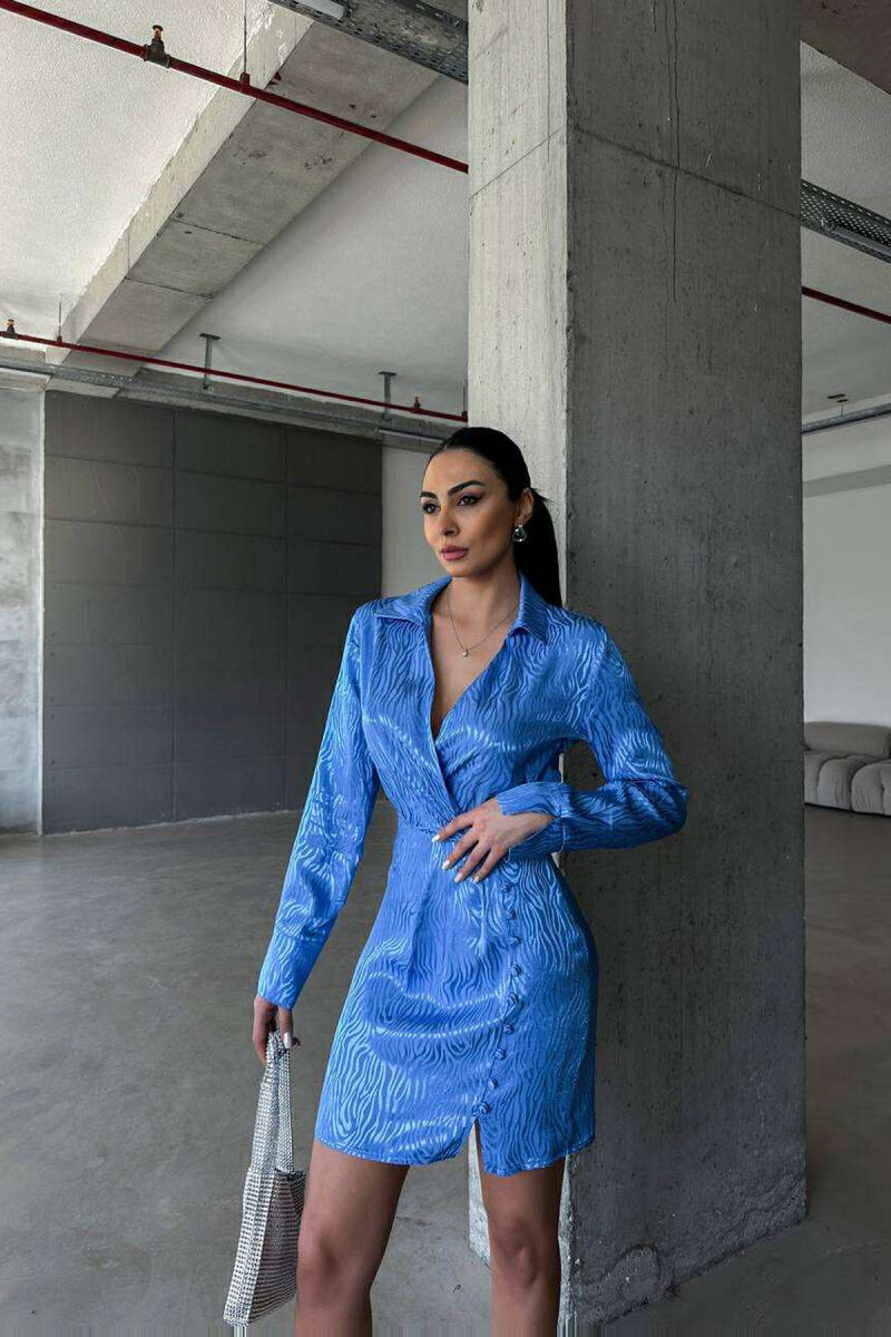 BUTTONS DETAIL V NECK WOMEN DRESS BLUE/BLU - 3