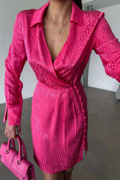 BUTTONS DETAIL V NECK WOMEN DRESS FUCHSIA/CIKLAMI - 2