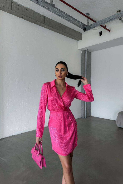 BUTTONS DETAIL V NECK WOMEN DRESS FUCHSIA/CIKLAMI - 1