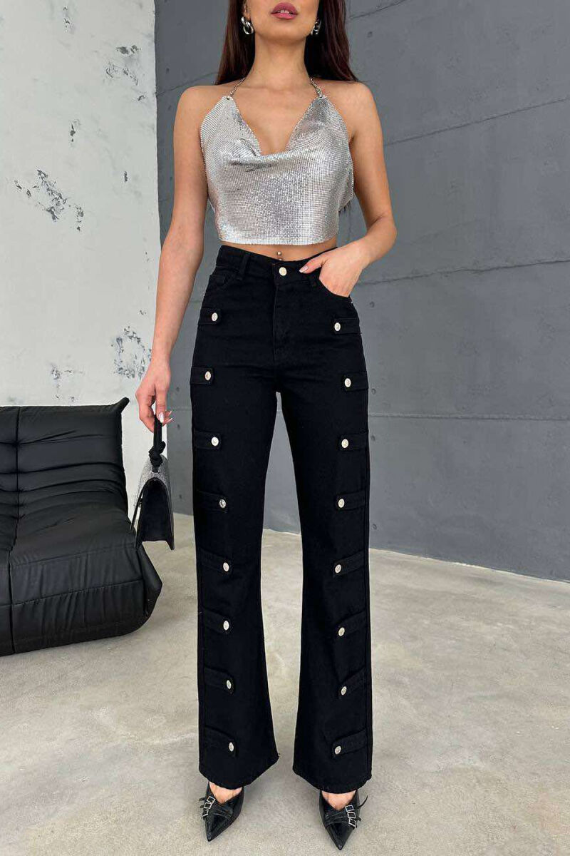 BUTTONS DETAILS ONE COLOR WOMEN JEANS BLACK/ E ZEZE - 1