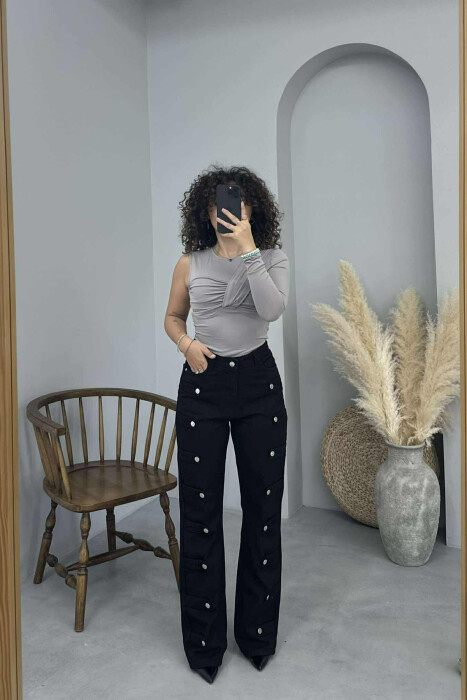 BUTTONS DETAILS ONE COLOR WOMEN JEANS BLACK/ E ZEZE - 1