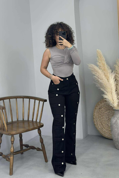 BUTTONS DETAILS ONE COLOR WOMEN JEANS BLACK/ E ZEZE - 2